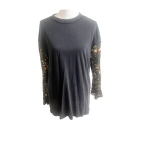 Free People Top Womens Black Gold Squin Embellish Long Sleeve M/L Party Wear